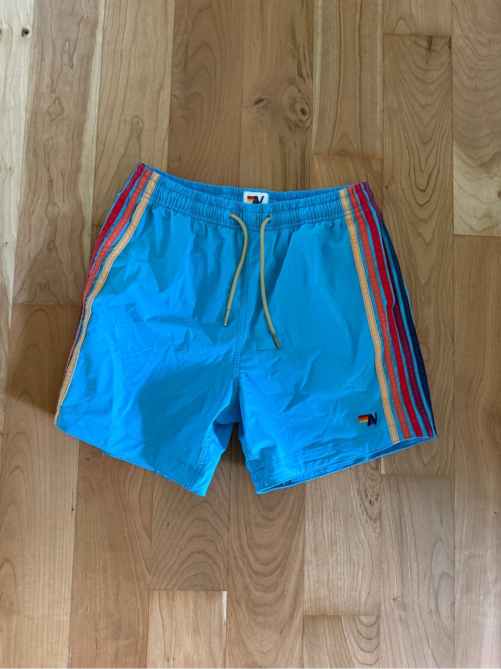 Aviator Nation Men's Turquoise Swim Trunks with Multicolor Stripe Detail - 5.5’’